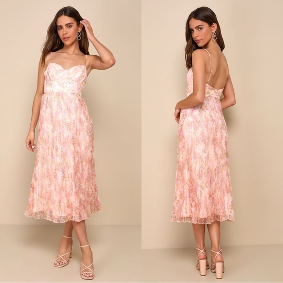 NWOT Lulus Finest Endeavor Blush Pink Floral Pleated Bustier Midi Dress - Picture 1 of 8